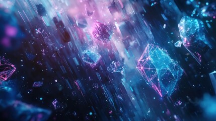 Abstract crystals falling, neon light, dark background, digital art, website banner
