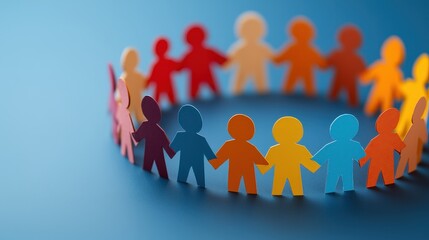 Colorful Paper Figures Holding Hands in Unity on Blue Background