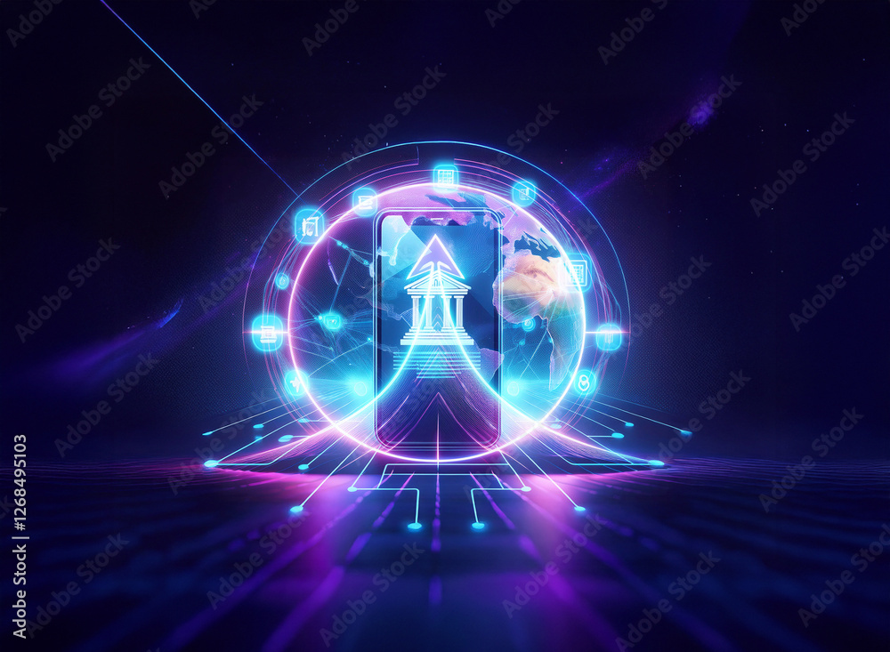 Canvas Prints a glowing digital globe with a building icon at its core, encircled by vibrant neon lines, creates a