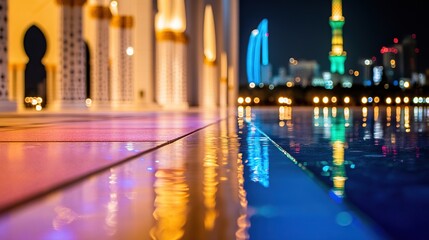 Obraz premium Mosque courtyard reflection, night cityscape