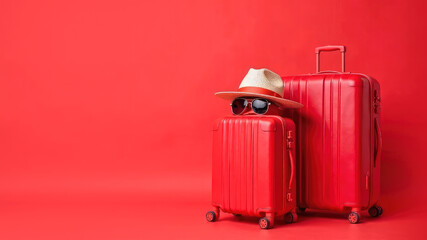 Travel red vacation suitcases with sunglasess, straw hat on solid red background. Concept of travel, vacation, tourism. Card for travel agencies. Copy space