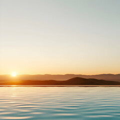Naklejka premium Sunrise Over Calm Pool Water with Distant Hills