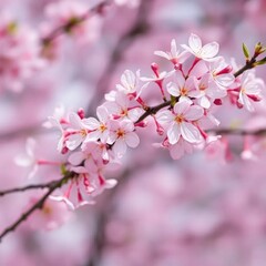 Fototapeta premium Delicate cherry blossom branches with soft pink flowers and a dreamy pastel atmosphere, floral, spring