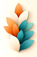 A colorful leafy tree with green, orange, and blue leaves. The leaves are arranged in a spiral pattern, creating a sense of movement and growth. Scene is vibrant and lively