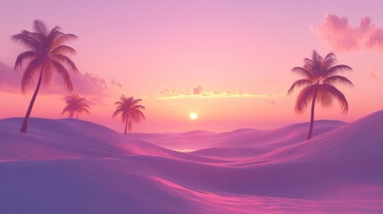 Pink Sunset Over Rolling Sands With Palm Trees