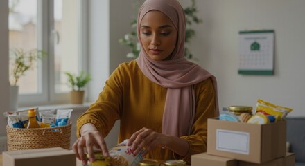 a woman organizes food items for charity showcasing ramadan giving and thoughtful preparation in a warm and inviting space