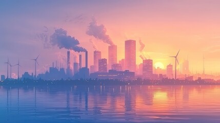 Fototapeta premium Cityscape Sunset With Industrial Complex And Wind Turbines