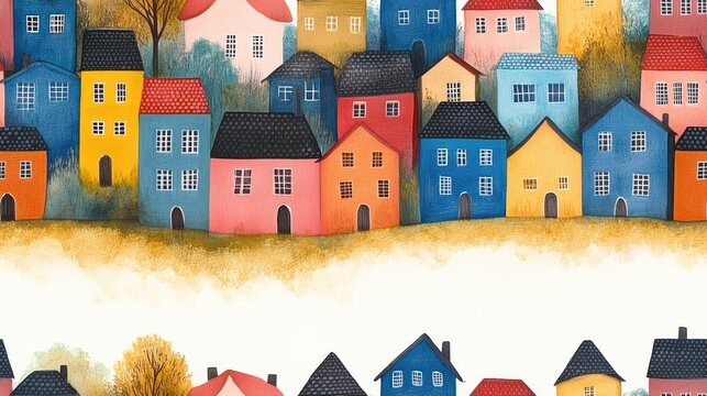 A seamless pattern of colourful watercolour style houses on a white background.  Bright isolated colourful wallpaper suggestive of a charming village or town.
