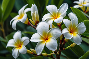Fototapeta premium Beautiful blooming White plumeria with green backgrounds