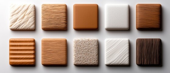 A collection of textured square tiles in various shades of brown and white, showcasing different wood patterns and finishes.