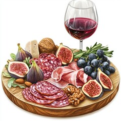 Elegant Charcuterie Board with Assorted Meats, Fruits, Nuts and Red Wine in a Cozy Setting