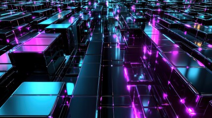 Fototapeta premium Futuristic city blocks, vibrant neon glow, abstract perspective, digital art