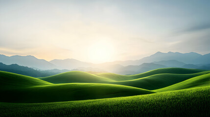 Sunrise Over Lush Green Hills and Mountains