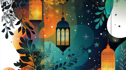 ramadan lantern art and islamic eid lantern illustration with arabic moroccan artwork in abstract colorful night sky design featuring festive hanging lanterns under stars