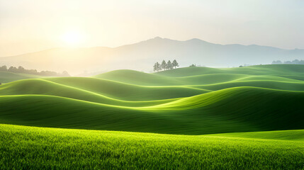 Naklejka premium Sunrise Over Lush Green Rolling Hills