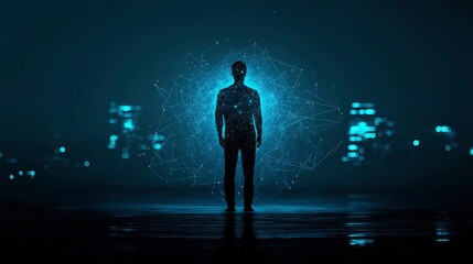 Silhouetted Man Connected to Digital Network in City at Night