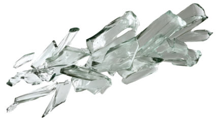 Shattered glass shards flying on transparent background