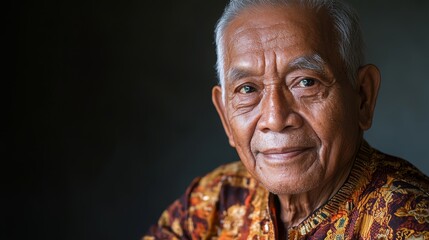 Obraz premium Elderly Man Smiling in Traditional Attire with Subtle Background Lighting