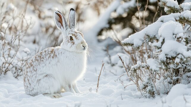 A snowshoe hare in its white winter coat, camouflaged in the snow.