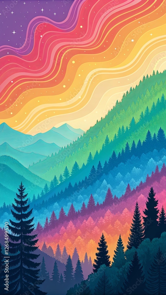 Poster A colorful mountain range with trees and a rainbow in the sky