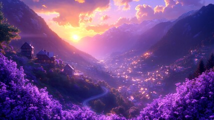 Serene mountain village glows softly under warm sunset light. AI Generated