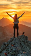 woman standing confidently on mountain peak, arms raised in celebration during stunning sunset. vibrant colors of sky create breathtaking backdrop