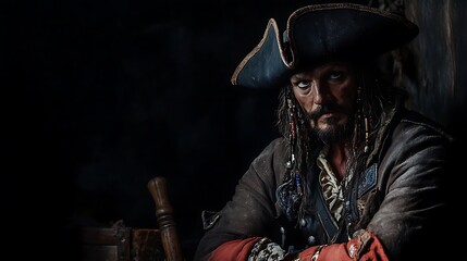 Fototapeta premium Brooding corsair portrait in dimly lit cabin with enigmatic expression