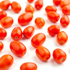 Macro still life featuring glossy, plump cherry tomatoes arranged symmetrically, capturing their bright red hue, fresh organic ingredients, and gourmet food styling in a high-detail culinary shot.
