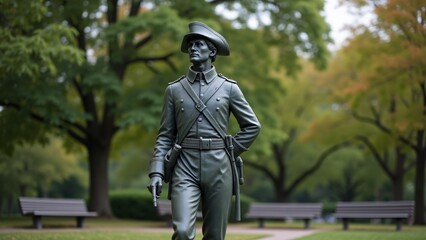 Naklejka premium A sculpture of a revolutionary soldier in a park. Soft lighting highlights its historical and artistic value.