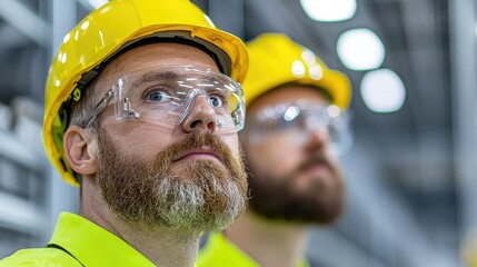 Focused industrial workers in safety gear