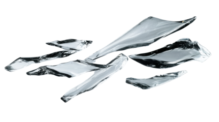 Sharp silver shards flying through the air with transparent background
