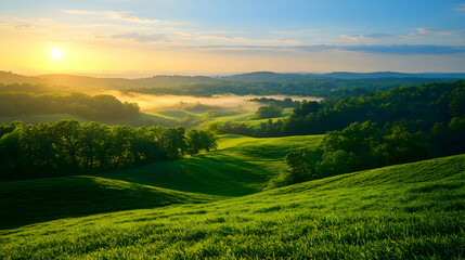 Fototapeta premium Sunrise Over Rolling Green Hills and Fields