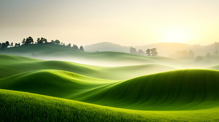 Obraz premium Sunrise Over Rolling Green Hills and Misty Fields