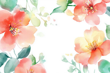 Fototapeta premium Watercolor illustration, bouquet of spring bright flowers. Red flowers and green leaves on a white background. Aquarelle sketch. Blurred paint stains. Copyspace.