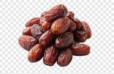 Obraz premium dried dates, pile of dates, brown wrinkled fruit, natural snack, Middle Eastern cuisine, organic food, close-up, transparent background.