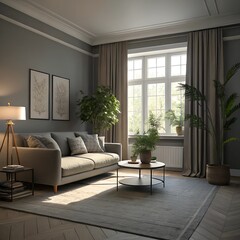 Generative AI image of interior of gray walled living room with comfortable sofa center table carpet curtains potted plants while window sunlight and standing lamp illuminating place