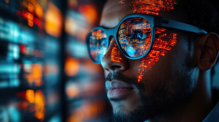 Computer scientist debugging a complex algorithm with dynamic holographic code projections