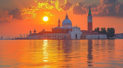 Fototapeta premium A picturesque sunset over a historic Venetian skyline reflecting on water.