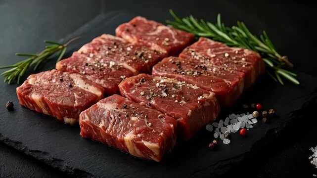 Elegant display raw steak, meat preparation in kitchen.