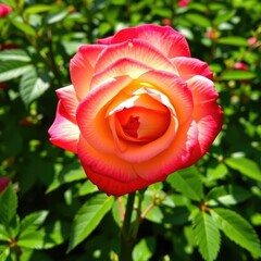 Obraz premium Double Delight rose against a lush green leaf background with sunlight filtering through, roses, gardening