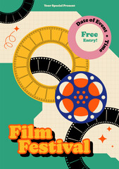 Fototapeta premium Movie and film festival poster template design background modern style with film reel and filmstrip