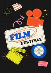 Movie festival poster template design minimal modern style with outline icon film reel and camera isolated on black background