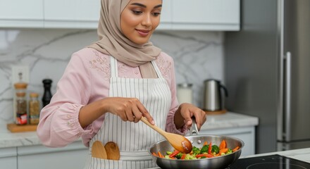 A woman stirs a pan of colorful vegetables with a wooden spoon she wears a pink blouse and beige hijab and apron