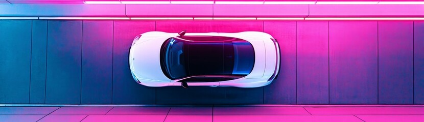 White car overhead neon garage advert