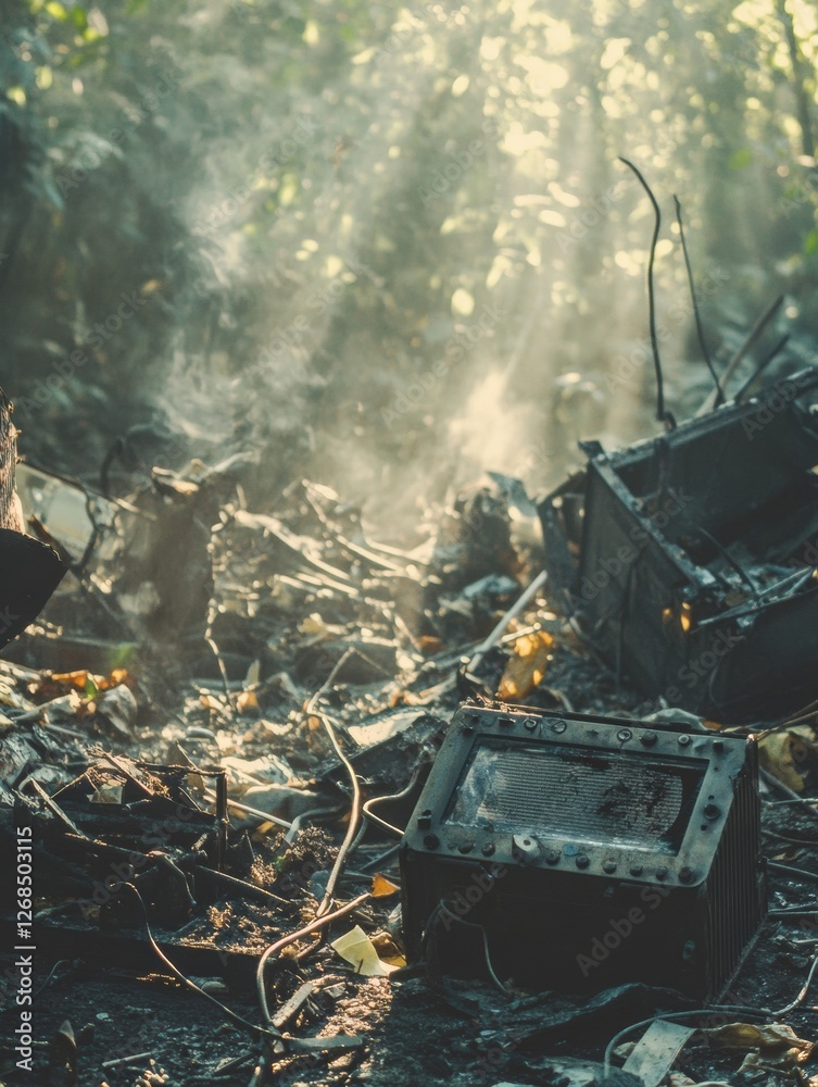 Poster Black box recorder found amidst airplane wreckage in forested area after crash in remote location. Generative AI