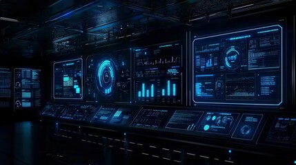 Fototapeta premium Futuristic Control Room with Advanced Digital Interfaces and Data Visualization