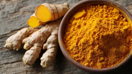 A bowl of turmeric powder with fresh ginger roots beside it, symbolizing the connection between these two powerful spices for health and well-being. The background is simple to highlight the focus on 
