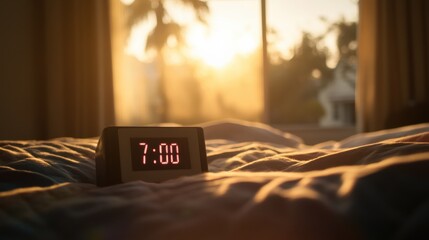 digital alarm clock displaying "7:00" resting on a soft bed, with slightly wrinkled sheets. In the blurred background, a window lets in warm morning sunlight.