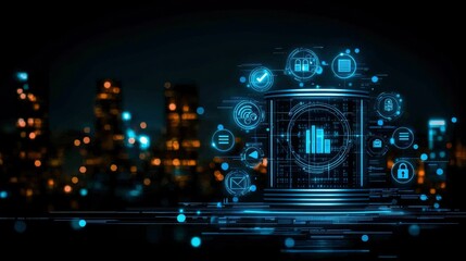 Futuristic Data Center with Holographic Icons Over Night Cityscape