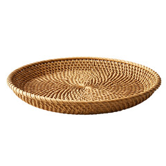 A handcrafted rattan plate showcases intricate weaving and a natural texture. Its warm tones and circular design create an elegant appeal